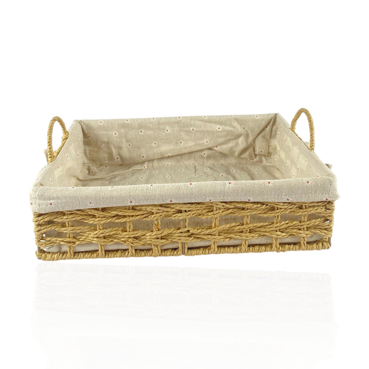 Cesta decorativa de fibra de yute y tela